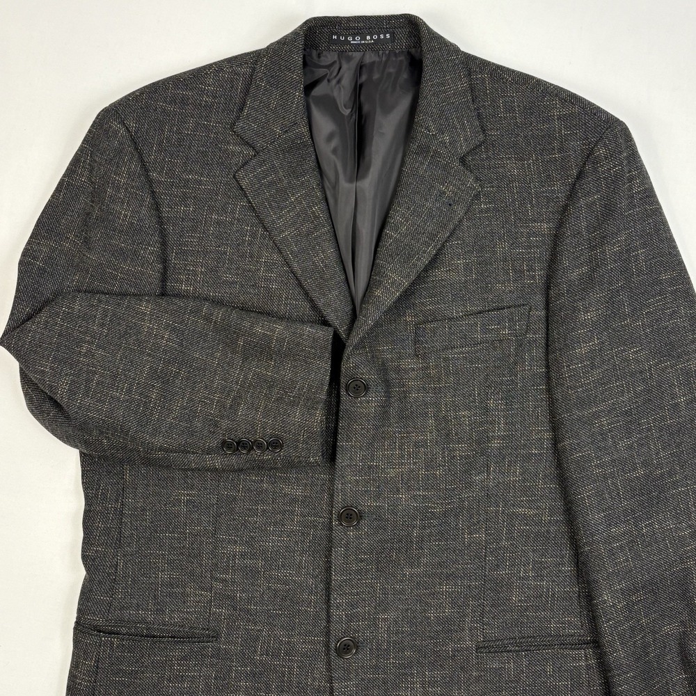 VTG 90s Hugo Boss Einstein Wool Cotton Crosshatch Tweed Sport Coat Gray USA